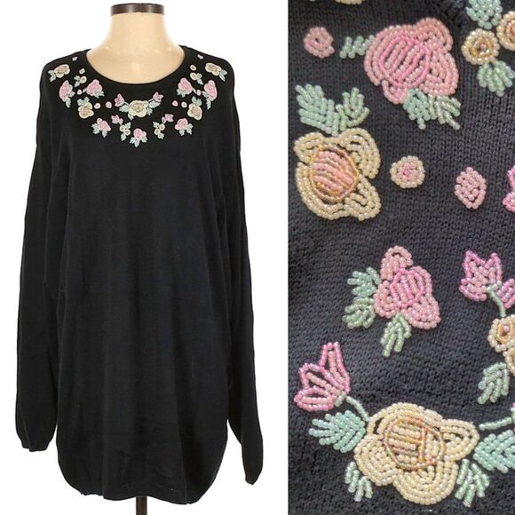 Vintage 1990s Elisabeth Liz Claiborne Sweater Dress Beaded Floral Oversized 2 - Picture 1 of 7